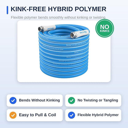 FEVONE Kink Free Garden hose 100 ft, Heavy Duty Water Hose | Drinking Water Safe, Flexible Lightweight Hybrid Polymer, 5/8 ID, 600 PSI, Leak-Free, Aluminum 3/4 GHT Connectors