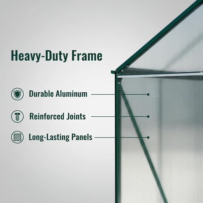 6x8 FT Greenhouse, Walk-in Heavy Duty Polycarbonate Outdoor Greenhouses with Raised Base & Anchor, Height-Enhanced Aluminum Frame, & Drainage System for Backyard All Season Growing, Green