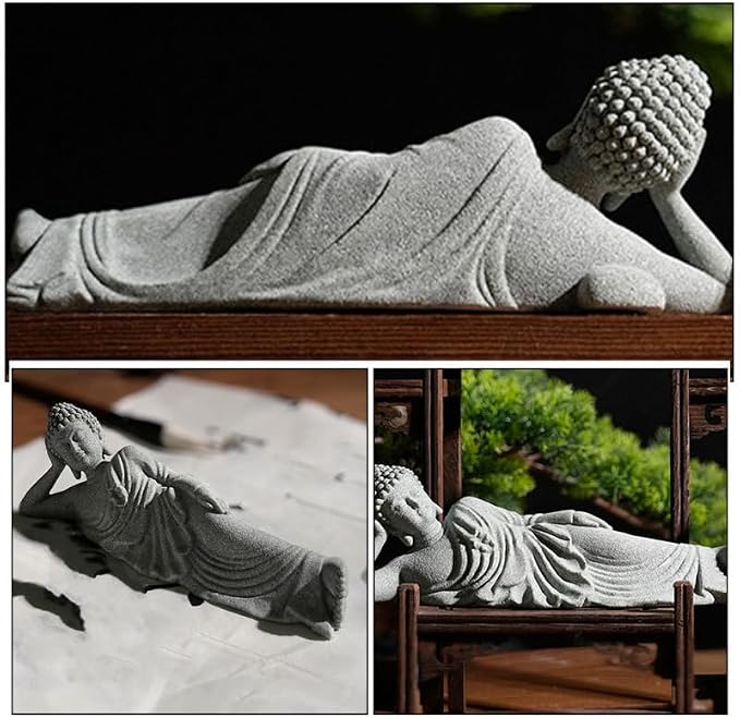 PRETYZOOM Little Reclining Buddha Ornament 3.54In Sandstone Mini Statue Indoor Zen Garden Meditation Decoration