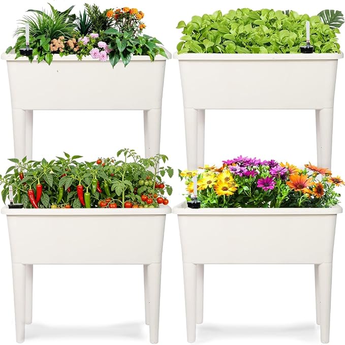4 Pcs Self Watering Elevated Raised Garden Bed, Large Outdoor Plastic Planter Box Big Flower Plant Pot for Planting Flowers Vegetables and Herbs (4, White)