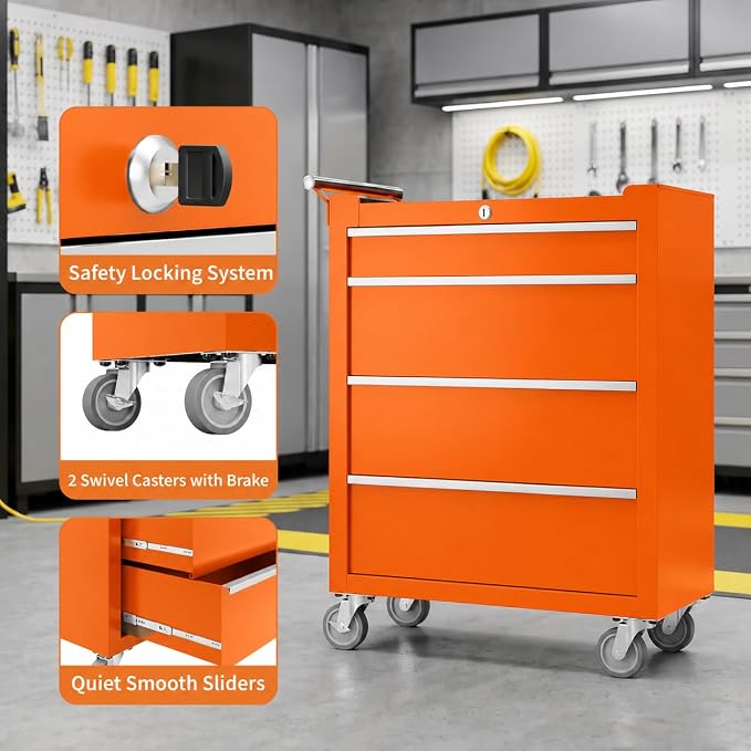 IDEALHOUSE Rolling Tool Chest, 5 Drawers Tool Storage Cabinet, Toolbox with Wheels, Portable Tool Cabinet Organizer with Locking System & Drawer Liners, Tool Storage Cart for Garage, Workshop, Orange