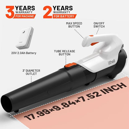 Litheli 20V Cordless Leaf Blower Battery Powered Leaf Blower, 2.0 Ah Battery Lightweight 2 Speed Mode Electric Blowers for Lawn Care, Patio, Snow, Dust, Blowing Leaves