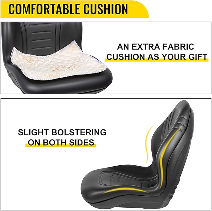 VEVOR Universal Lawn Tractor Seat Replacement, Compact High Back Mower Seat, Black Vinyl Forklift Seat, Central Drain Hole Skid Steer Seat with Mounting Bolt Patterns of 8" x 11.5" & 11.25" x 11.5"