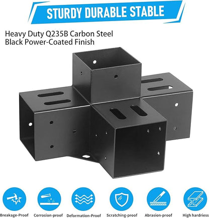 Woodworks 4x4 Pergola Brackets - 4-Way 90 Right Angle Corner Extension Brackets for 4x4 Inch Lumber (2PCS) - Black Powder Coated Modular Sizing Pergola/Gazebo Hardware