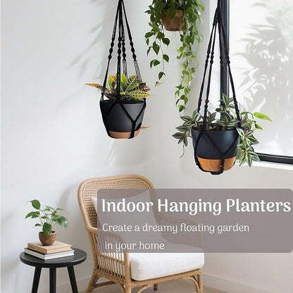 Bouqlife 3 Pack Self Watering Hanging Planters Macrame Plant Hangers with Indoor Flower Pots 10" / 8" / 7", 3 Different Size Hanging Basket, Plant Hanger with Hooks for Garden Home Decor Black Large