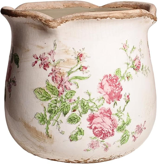 Xiaan Jiaju Shabby Chic Flower Pot, 6.11 Inch Ceramic Planter with Drainage for Indoor Plants, Vintage Ceramic Vase, Country Chic Spring Garden Home Decor, Pink Rose Floral