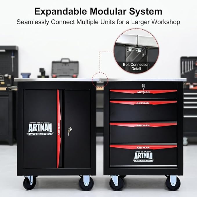 Heavy Duty Tool Chest, Lockable Stainless Top, Black&Red | Double-Door Mobile Tool Cabinet on Wheels for Garage Workshop and Storage