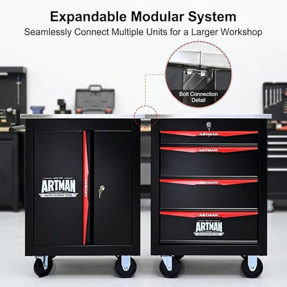 Heavy Duty Tool Chest, Lockable Stainless Top, Black&Red | Double-Door Mobile Tool Cabinet on Wheels for Garage Workshop and Storage