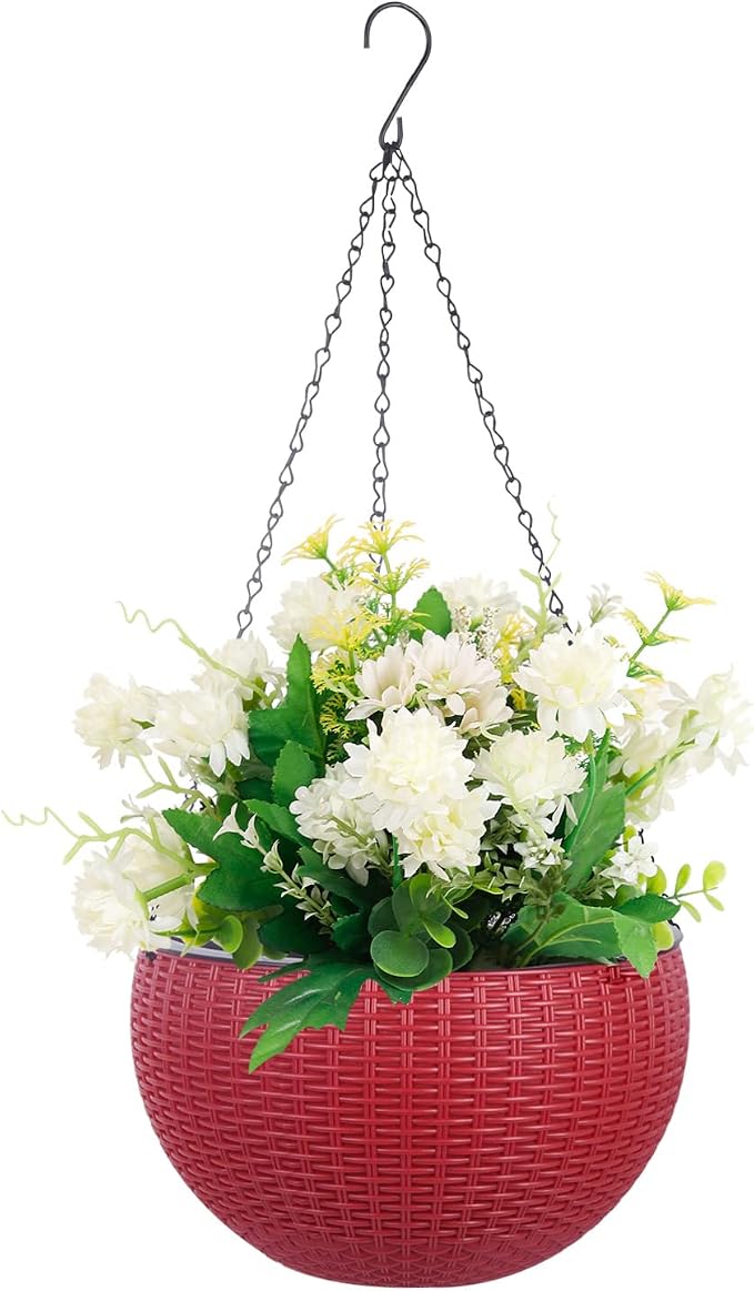 Vencer 11 Inch Round Resin Rattan Hanging Planters,Red,VF-A15-R | Self Watering,Drain Hole,Metal Chain,Water Indicator,Indoor Outdoor