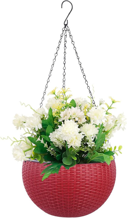 Vencer 11 Inch Round Resin Rattan Hanging Planters,Red,VF-A15-R | Self Watering,Drain Hole,Metal Chain,Water Indicator,Indoor Outdoor