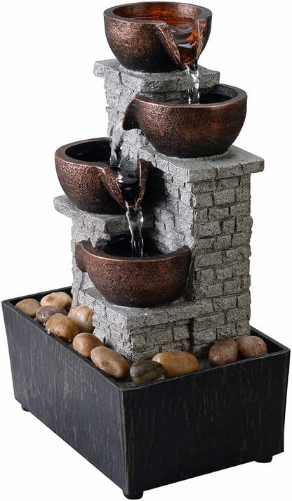Kalona 4-Tier Indoor Waterfall Tabletop Fountain with LED Lights and Natural Rocks, Cascading Bowl Desk Fountain for Home and Office Decoration, Relaxing Water Feature (21132B)