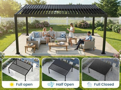 12' x 16' Louvered Pergola, Aluminum Frame Outdoor Pergola with Adjustable Louvered Roof & Integrated Gutter System, Hardtop Patio Gazebo for Backyard, Deck, Garden, Dark Gray