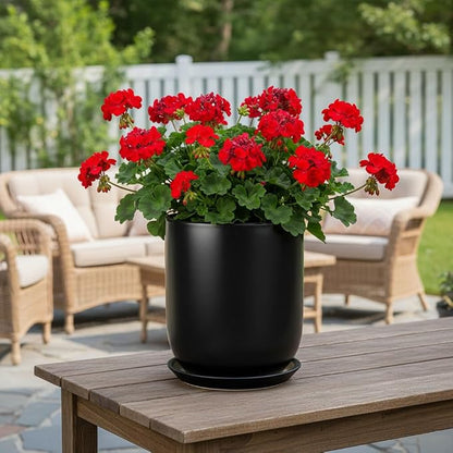 Ceramic Planter 8 Inch - Plant Pot for Indoor Outdoor Plants Cylinder Flower Pot with Drainage Hole and Saucer Black
