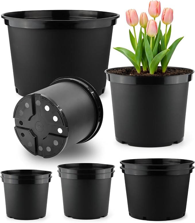 RooTrimmer 7 5 3 Gallon Nursery Pots 9 Pack Set, Plastic Planter with Drainage Holes – Round, Sturdy, Deep Design for Indoor/Outdoor Plants