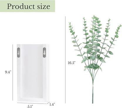 Dahey 2 Pack Wood Wall Planter Vase with Artificial Eucalyptus Farmhouse Wall Hanging Decor Pocket Planter for Indoor Fake Plants Greenery Flowers Living Room Bedroom Kitchen Home Decoration, White