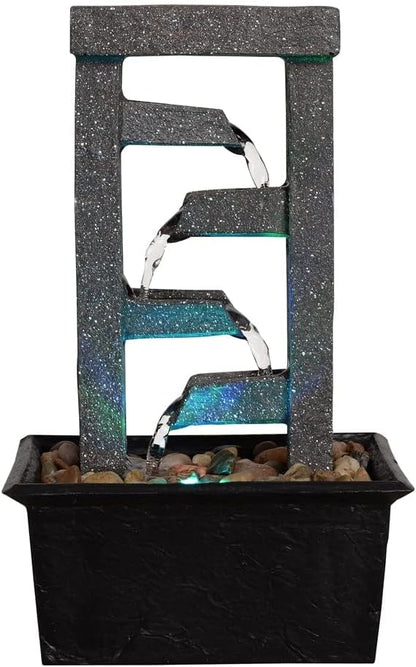 GOSSI 10" 4-Tier Tabletop Waterfall Fountain with Natural River Rocks, LED Lights, Resin Indoor Water Feature for Home Office Decor, Meditation Relaxation Gift
