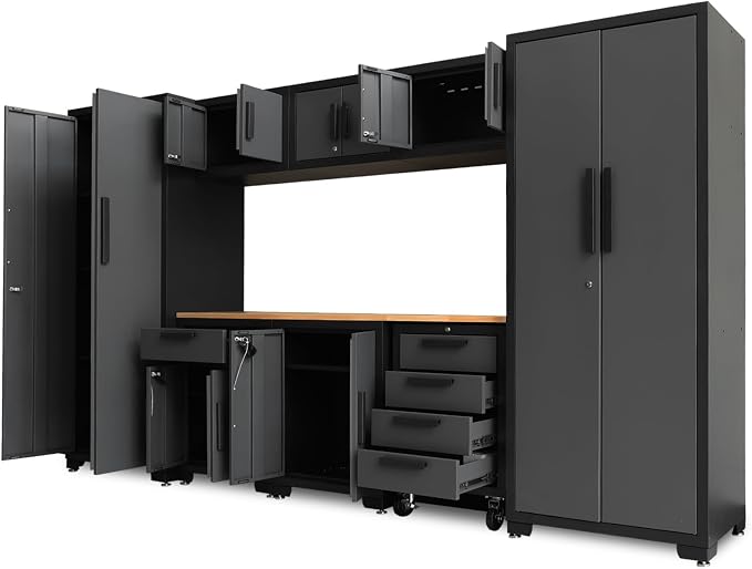 Big RED Garage Cabinets Storage System, 9 Piece Included Steel Drawers Rolling Chest,Locked Storage Cabinet, Perfect for Organizing Garage and Tools, Black/Grey