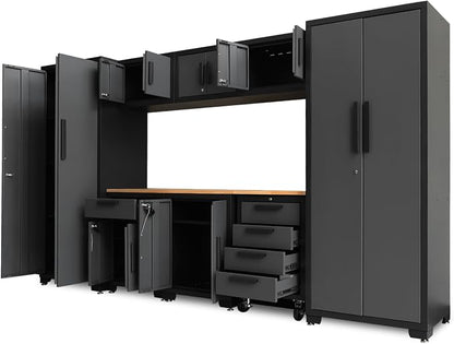 Big RED Garage Cabinets Storage System, 9 Piece Included Steel Drawers Rolling Chest,Locked Storage Cabinet, Perfect for Organizing Garage and Tools, Black/Grey