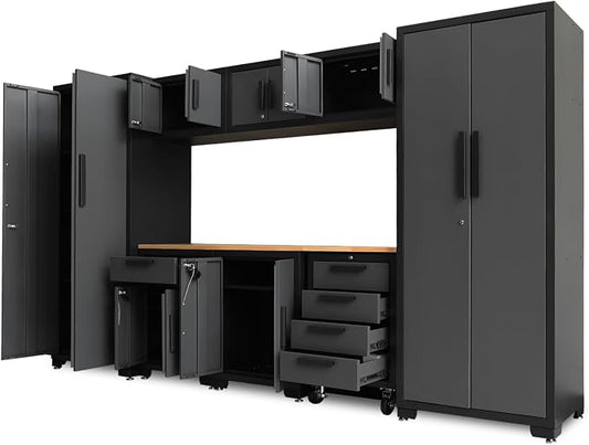 Big RED Garage Cabinets Storage System, 9 Piece Included Steel Drawers Rolling Chest,Locked Storage Cabinet, Perfect for Organizing Garage and Tools, Black/Grey