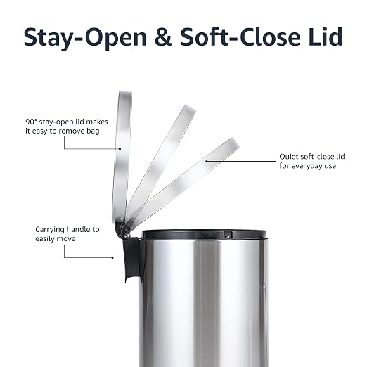 Amazon Basics Round Cylindrical Trash Can with Soft-Close Lid, Foot Pedal, Removable Inner Bucket, Smudge Resistant, 20 l/5.3 gallon, Brushed Stainless Steel
