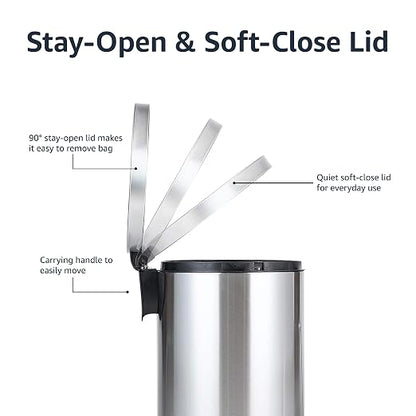Amazon Basics Round Cylindrical Trash Can with Soft-Close Lid, Foot Pedal, Removable Inner Bucket, Smudge Resistant, 20 l/5.3 gallon, Brushed Stainless Steel