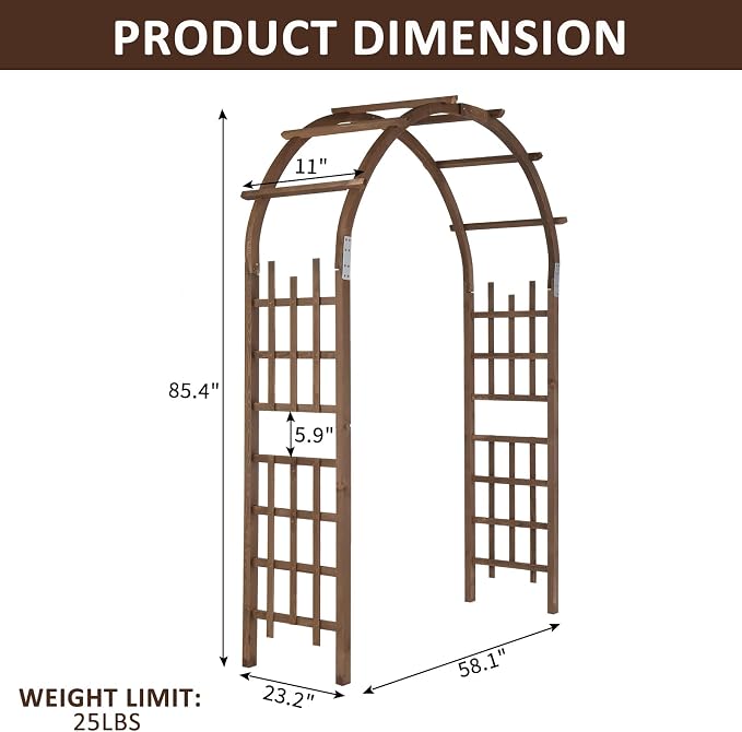 Outvita 7Ft Wooden Garden Arbor Arch, Wood Arbor Trellis, Pergola Archway for Wedding Ceremony Decoration Pergola Plant Climbing Rose Vines Lawn Courtyard Patio Reddish Brown