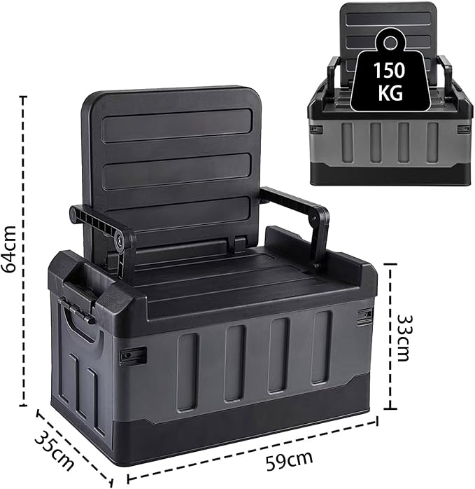 Versatile Foldable Seatable Camping Box Car Organizer Heavy Duty Storage Bins With Lids Box Trunk Chuck, Durable Plastic, 60L Can Store Camping Equipment in Large Capacit(black grey)