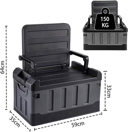 Versatile Foldable Seatable Camping Box Car Organizer Heavy Duty Storage Bins With Lids Box Trunk Chuck, Durable Plastic, 60L Can Store Camping Equipment in Large Capacit(black grey)