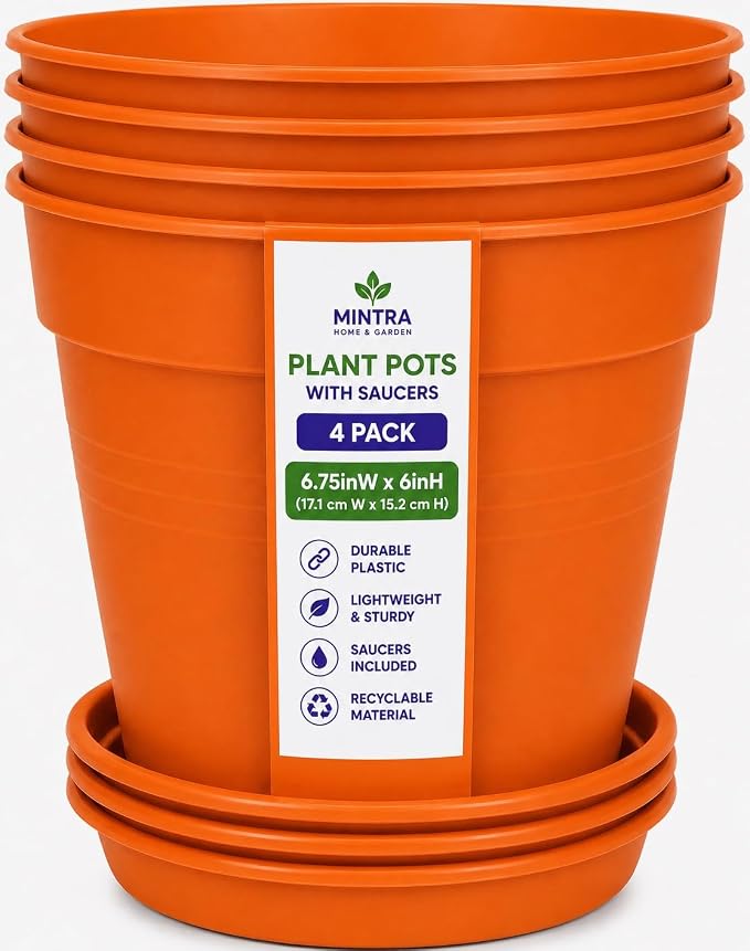 Mintra Garden Pots, 4 Pack Bulk Plastic Plant Pots with Drainage Tray, Round Indoor & Outdoor Decorative Planters with Drain Holes for Flowers, Herbs & Plants, 17cm Diameter – Orange, 6.6 in