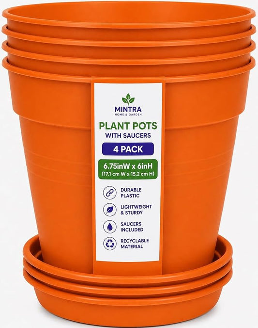 Mintra Garden Pots, 4 Pack Bulk Plastic Plant Pots with Drainage Tray, Round Indoor & Outdoor Decorative Planters with Drain Holes for Flowers, Herbs & Plants, 17cm Diameter – Orange, 6.6 in