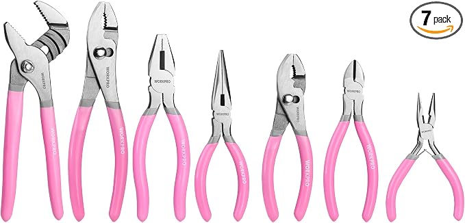 WORKPRO 7-Piece Pliers Set - Pink Ribbon | Groove Joint Plier, Long Nose Plier, Slip Joint Pliers, Linesman Pliers, Diagonal Pliers for DIY & Home Use