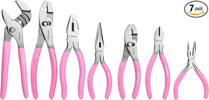 WORKPRO 7-Piece Pliers Set - Pink Ribbon | Groove Joint Plier, Long Nose Plier, Slip Joint Pliers, Linesman Pliers, Diagonal Pliers for DIY & Home Use