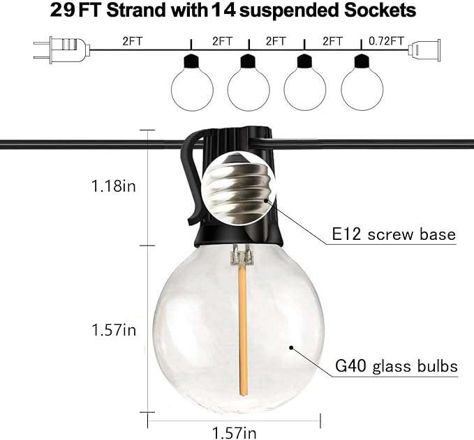 Banord 29FT Globe Outdoor String Lights, Shatterproof Patio Lights with 15 Dimmable Plastic Bulbs, Waterproof Hanging Lights String for Porch Backyard Cafe, E12 Socket Base