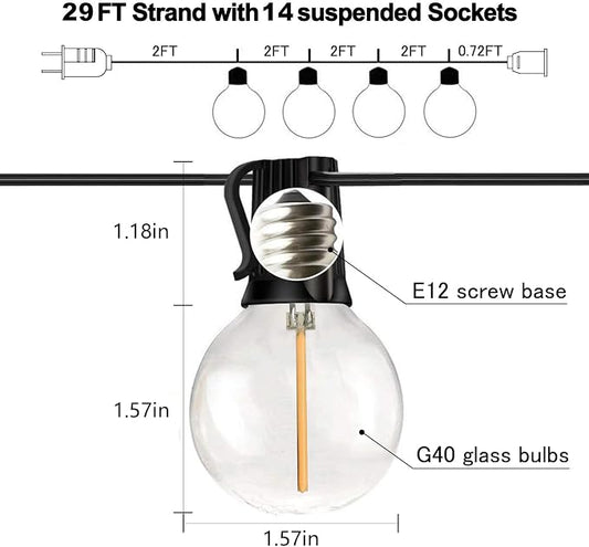 Banord 29FT Globe Outdoor String Lights, Shatterproof Patio Lights with 15 Dimmable Plastic Bulbs, Waterproof Hanging Lights String for Porch Backyard Cafe, E12 Socket Base