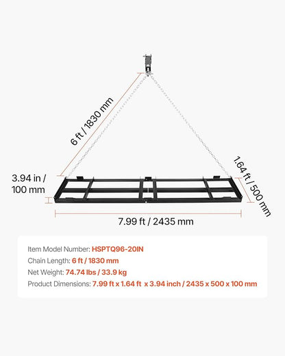 VEVOR Drag Harrow, 96 x 20 in, Tow-Behind Driveway Grader with Adjustable Width & 50lbs Load Capacity, Heavy Duty Lawn Leveling Rake, Galvanized Steel Gravel Driveway Drag, Fits ATVs UTVs Tractors