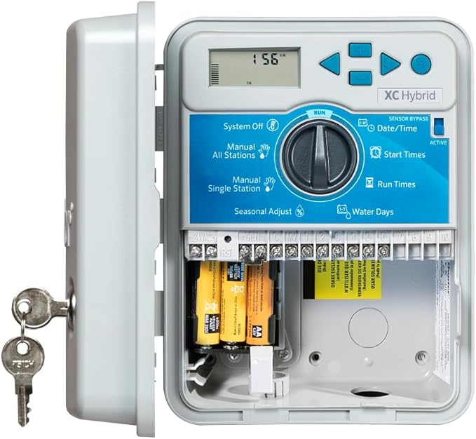 Hunter XC Hybrid Sprinkler Timer, 6-Zone Battery Irrigation Controller | Indoor/outdoor 6-zone battery irrigation controller with manual controls, waterproof cabinet, and no WiFi needed