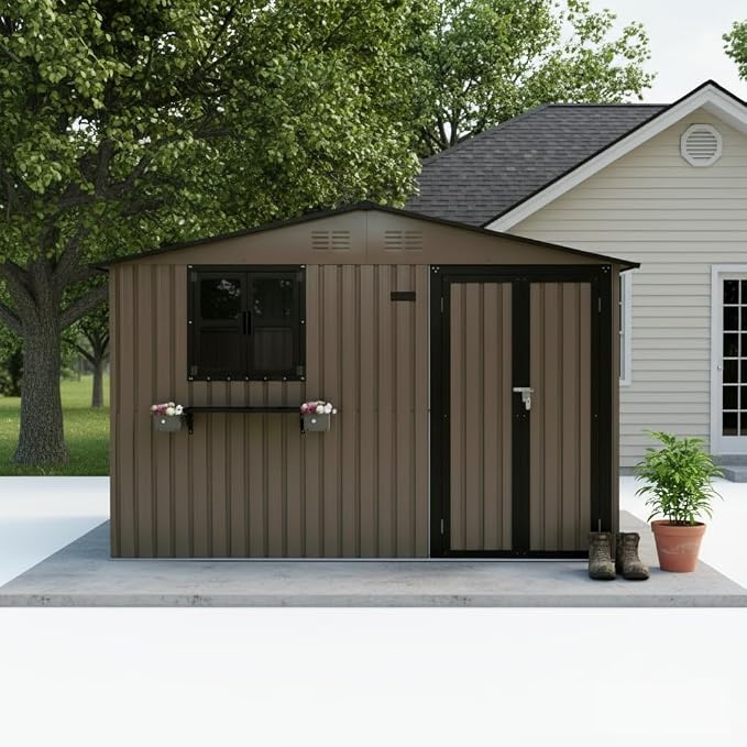 10x8 FT Storage Shed,Outdoor Metal Building Backyard Shed with 2 Clear Openable Windows,Windowsill & Garden Bed Flower Rack,Lockable Double Doors Tool Shed, Heavy Duty Waterproof,for Yard,Brown