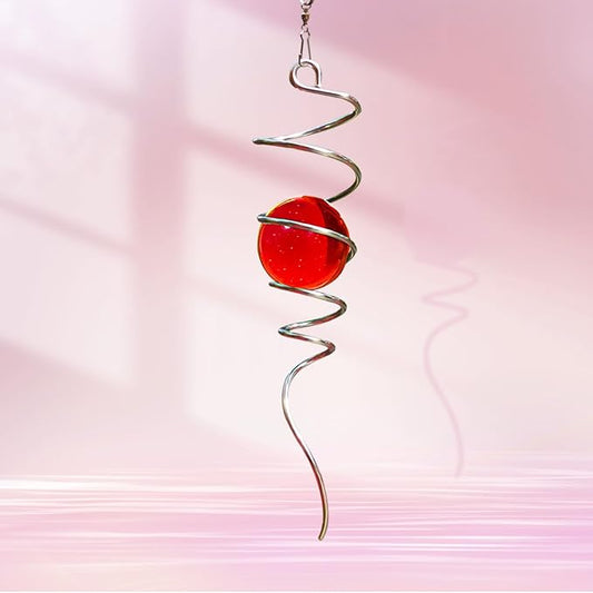 Gazing Ball Spiral Tail with Red Glass Orb, Wind Spinner Stabilizer, Spiral Wind Spinners Tail, Hanging Outdoor Garden Decor, Yard Art Ornament, Christmas Decoration, Sun Catcher 13inch
