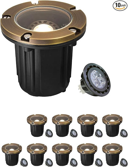 MALORY Brass Top Cover Landscape Well Lights, (φ126 mm) 12V Low Voltage Outdoor In Ground Lights,Landscape Lighting for Pathway, Driveway and Garden 10-Pack with Bulb (Flat Top)