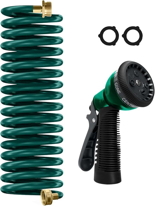 Coil Hose 15FT EVA Coil Garden Hose With 3/4'' Brass Connector Coiled Water Hose Lightweight And No Kink Includes 7 Patterns Spray Nozzle For Outdoors Lawn Watering Car Washing