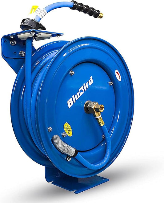BLUBIRD BBRHD3850 18ga. Retractable Hose Reel with 3/8" X 50' Air Hose, 12 Point Ratcheting Gear, Next-Gen Rubber, Lightest, Strongest, Most Flexible, 300 PSI, -50F to 190F Degrees, Polyester Braided