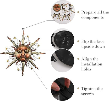 TERESA'S COLLECTIONS Sun Metal Wall Art for Outdoor Decor,21" Bronze Sun Face 3D Wall Decor for Garden Decor,Rustic Retro Hanging Sculpture for Outside Living Room Home Patio Farmhouse Gifts for Mom