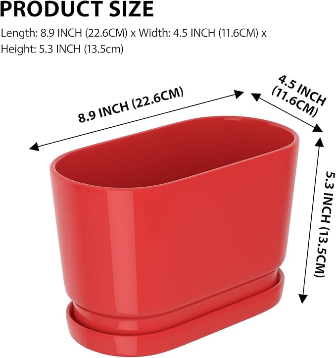 8.9" Rectangular Ceramic Planter with Drainage and Saucer, Red | Indoor Outdoor Use, 8.9"L x 4.5"W x 5.3"H, Modern Home Decor, Window Box Planter, Red Glossy Finish