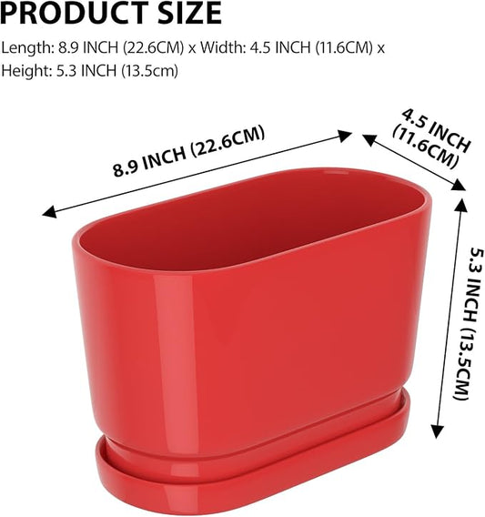 8.9" Rectangular Ceramic Planter with Drainage and Saucer, Red | Indoor Outdoor Use, 8.9"L x 4.5"W x 5.3"H, Modern Home Decor, Window Box Planter, Red Glossy Finish
