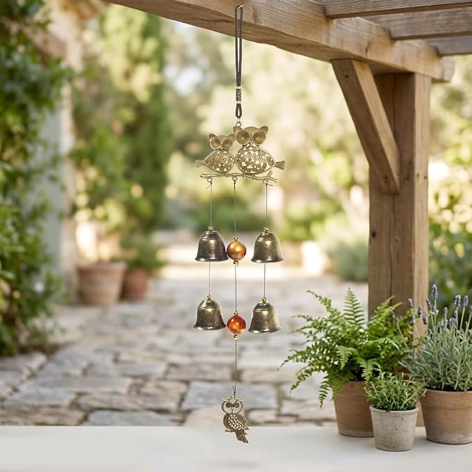 Owl Wind Chimes, 17.7 Inch Metal Garden Chimes with 4 Bells and 3 Owls, Indoor Outdoor Decorative Wind Catcher, Vintage Style (Owl)
