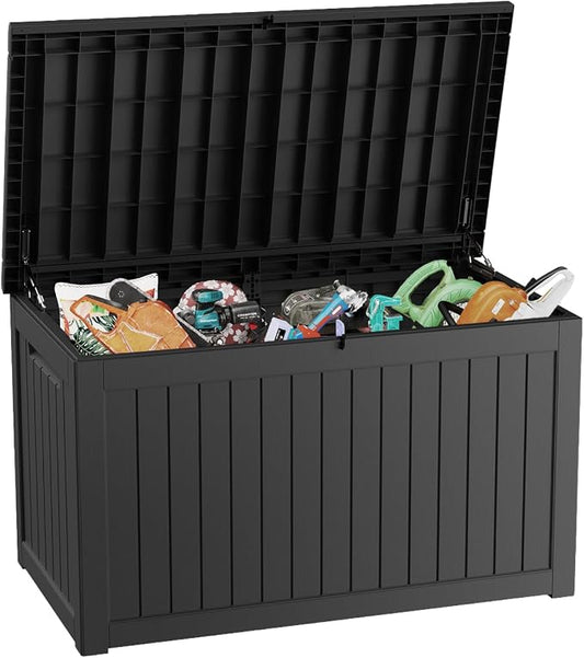 230 Gallon Deck Box, Waterproof Resin Outdoor Storage Box Lockable for Patio Furniture, Fade Resistant Patio Side Table & Organizer for Garden Tools, Pool Floats, Outdoor Cushions, Black