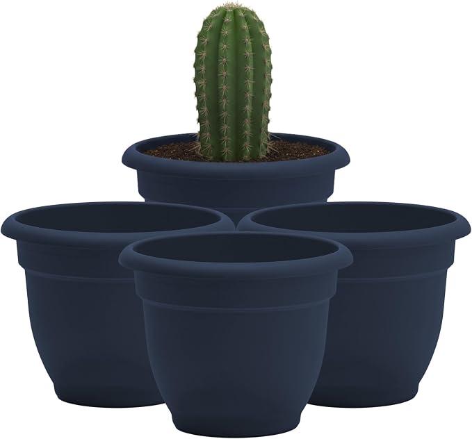 Bloem Ariana 8" Plastic Self-Watering Planter, Navy, 4-Pack | Self-watering disk at the bottom of each pot that acts as a water wick and reservoir for optimal plant health