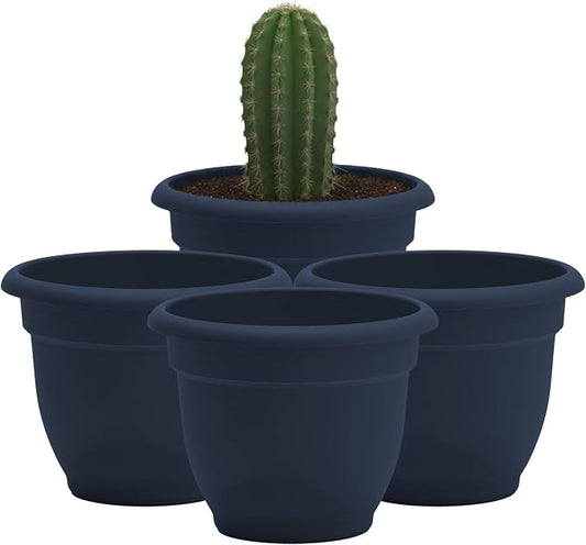 Bloem Ariana 8" Plastic Self-Watering Planter, Navy, 4-Pack | Self-watering disk at the bottom of each pot that acts as a water wick and reservoir for optimal plant health
