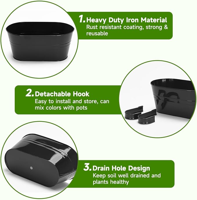 KINGLAKE Flower Pots,10 Pcs Metal Iron Hanging Flower Plant Pot Balcony Garden Plant Planter Baskets Fence Bucket Pots 10.6" & 5.1" Flower Holders with Detachable Hook Black