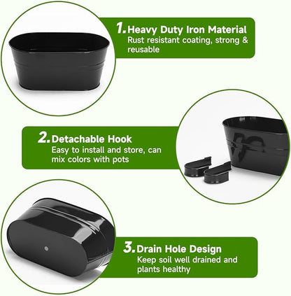 KINGLAKE Flower Pots,10 Pcs Metal Iron Hanging Flower Plant Pot Balcony Garden Plant Planter Baskets Fence Bucket Pots 10.6" & 5.1" Flower Holders with Detachable Hook Black